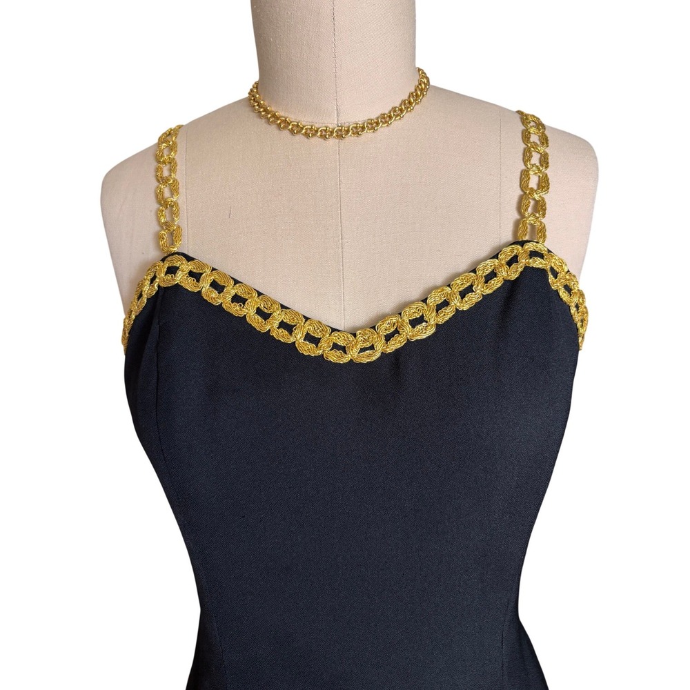 Vintage Alex Evenings Sheath Dress Womens Black Gold Metallic Chain Trim Midi